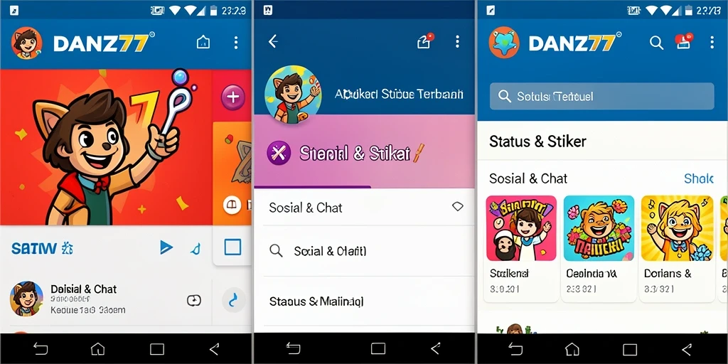 Screenshot aplikasi DAN777 menampilkan antarmuka stiker dan status yang menarik.