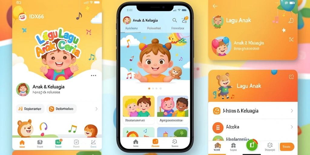 Antarmuka aplikasi IDX66 dengan lagu-lagu anak yang ceria.
